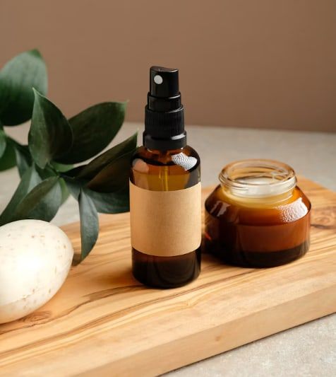 An amber bottle of oil and a jar of balm on a wooden tray