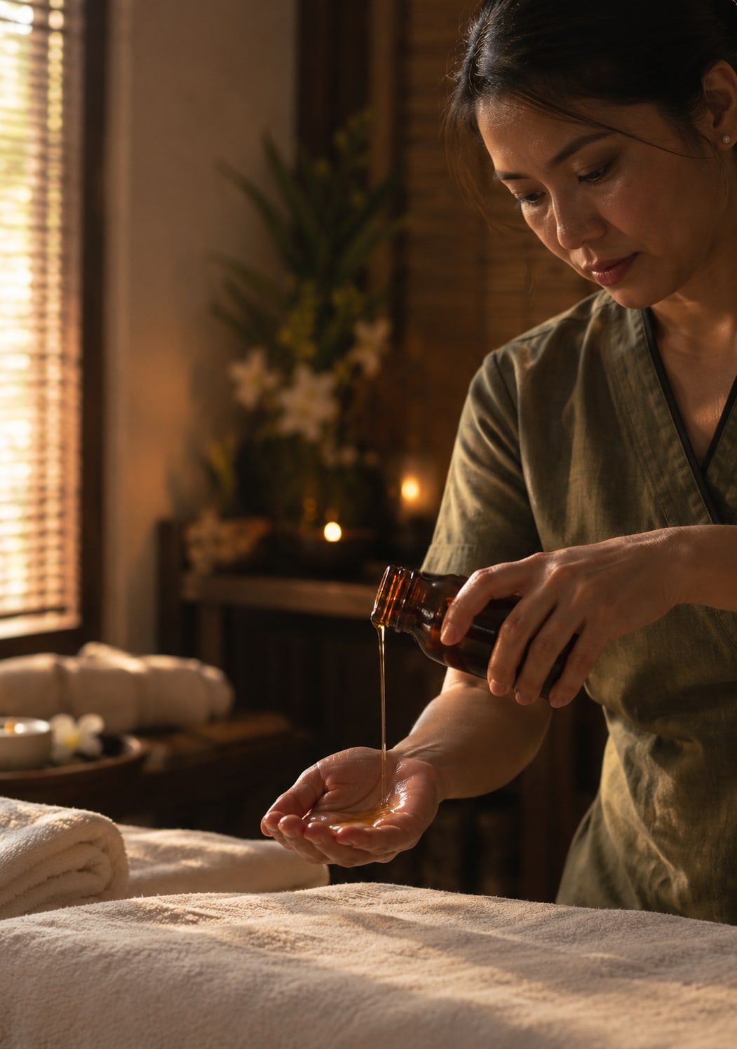 A therapist pouring jamu oil into her palm in a candle-lit parlour
