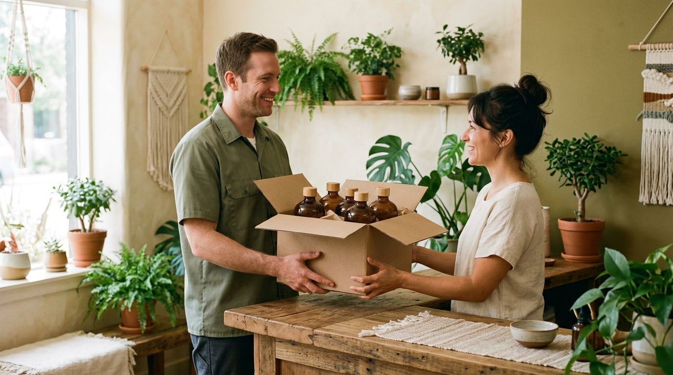 A delivery driver handing a box of jamu oil jars to a parlour owner
